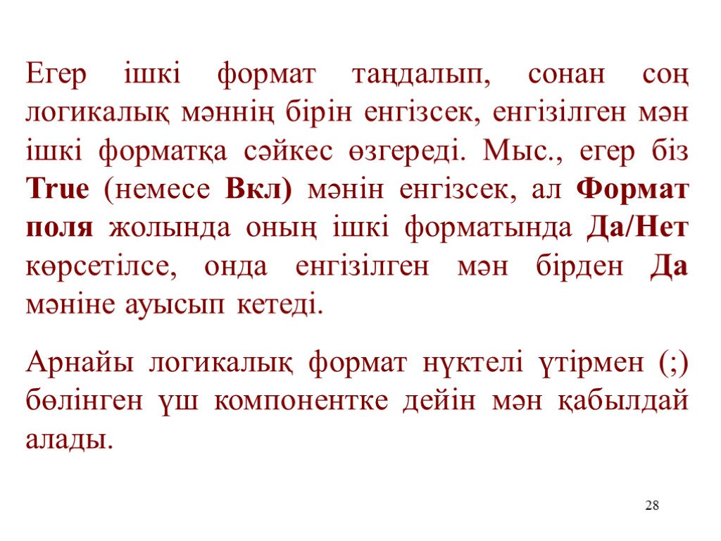 28 Егер ішкі формат таңдалып, сонан соң логикалық мәннің бірін енгізсек, енгізілген мән ішкі